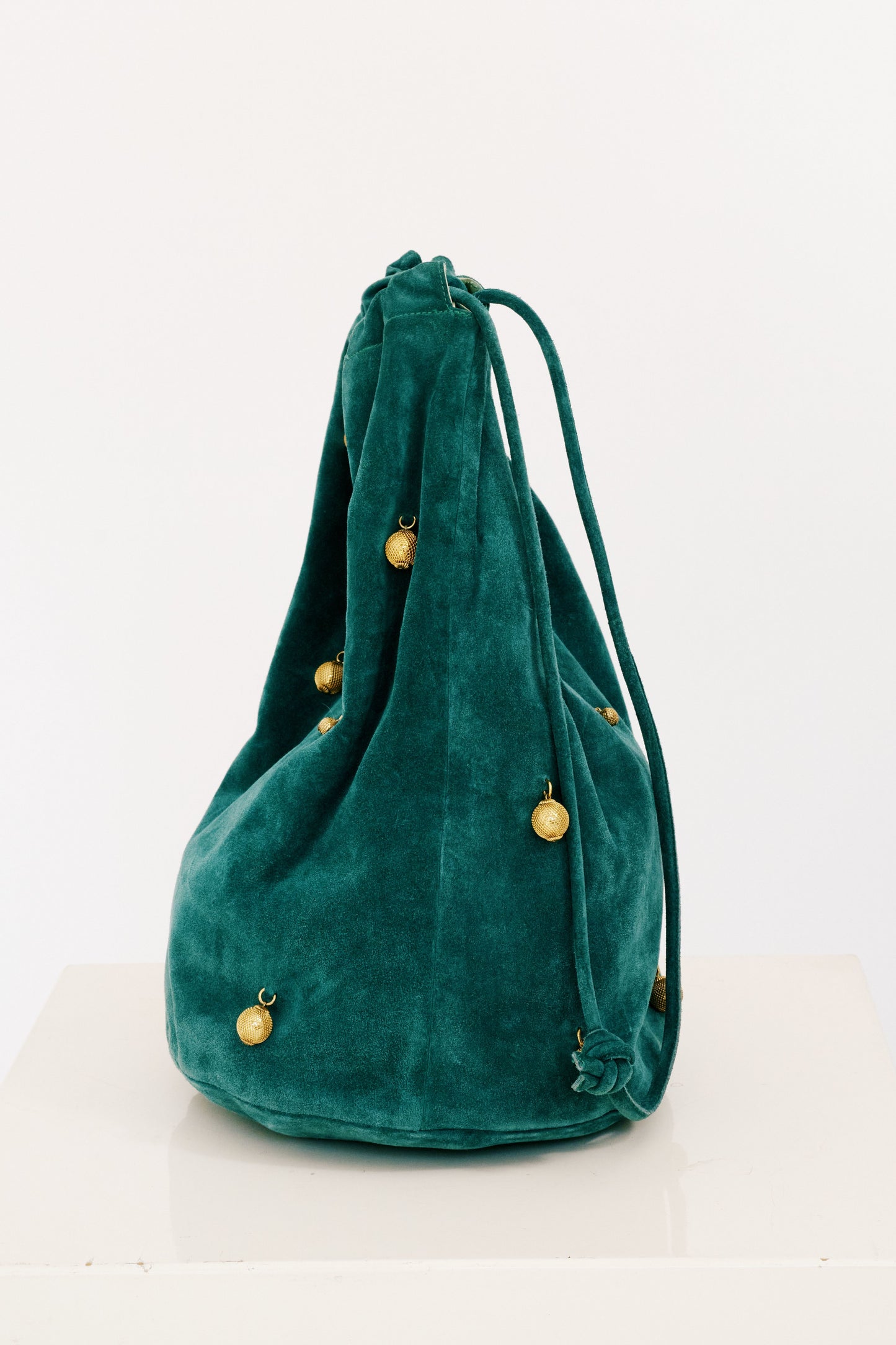 Vintage 80s Green Suede Drawstring Bag