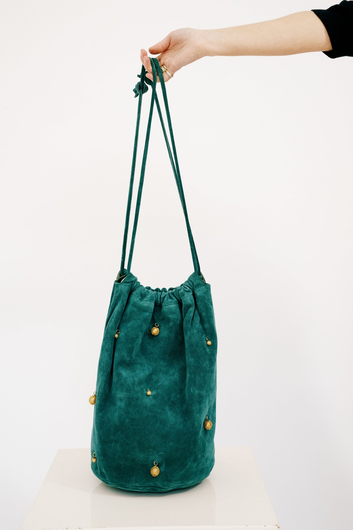 Vintage 80s Green Suede Drawstring Bag