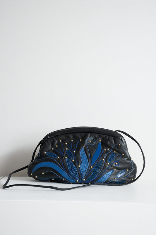 Leather Shoulder Bag with Embroidered Floral Motif