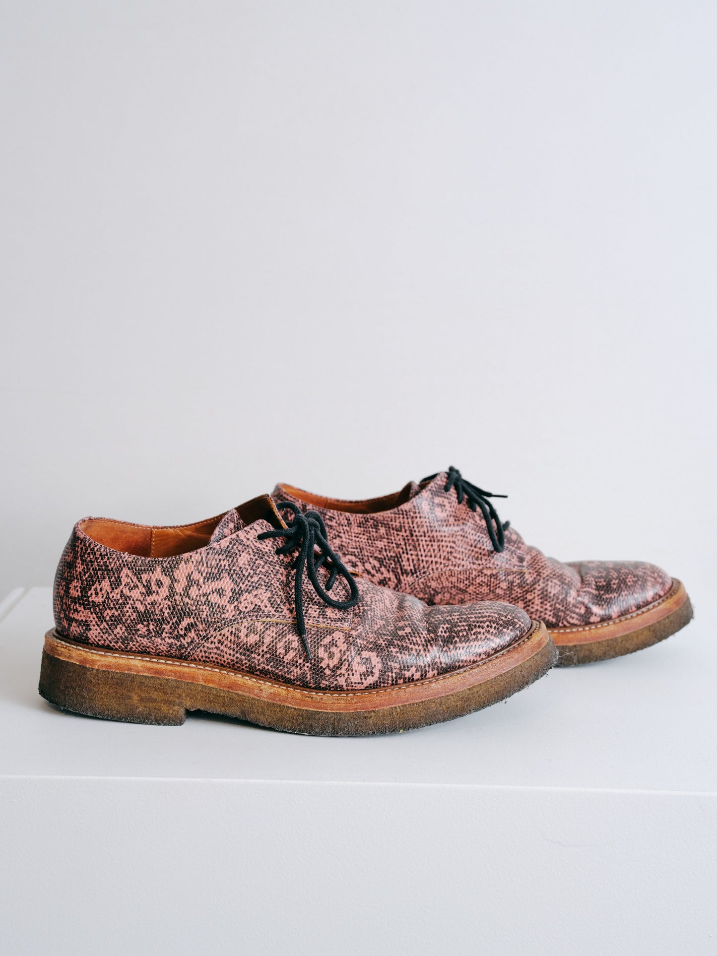 Pink and Brown Snakeskin Derbies